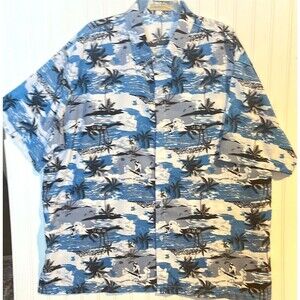 Han Ton Men’s Short Sleeve Casual Blue White Shirt Hawaiian Style Size 3XL